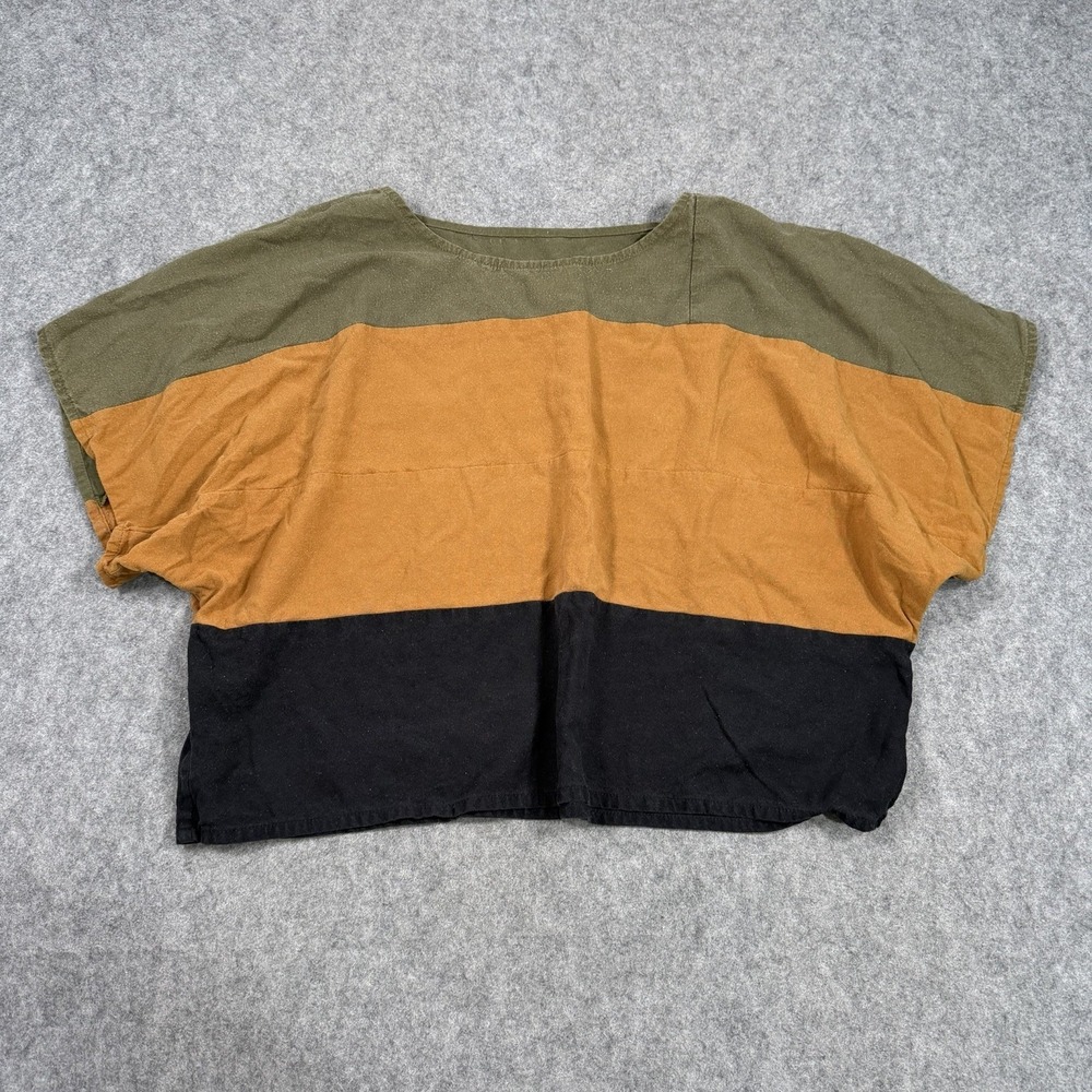 Jamie + The Jones Olive Green Color Block Raw Silk Cropped Blouse‎ Women Size Sm